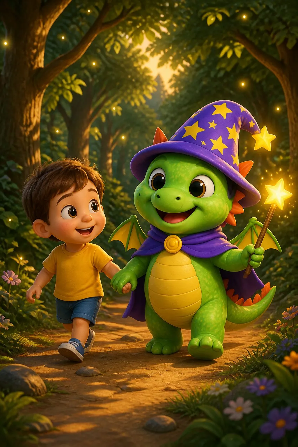 A story page: a child and Draco walking a lit forest path at night