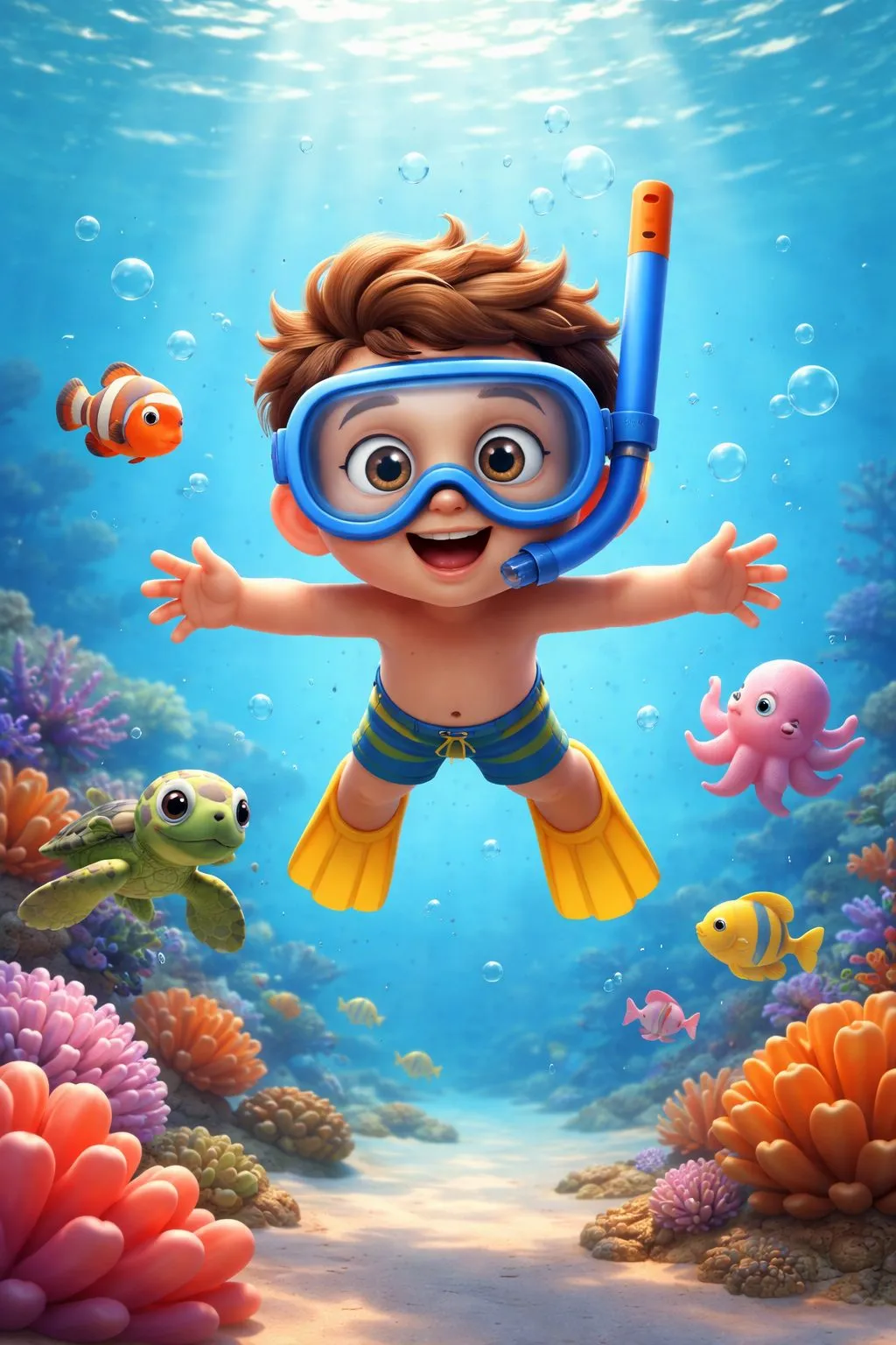 A child snorkelling among coral, a clownfish and a sea turtle